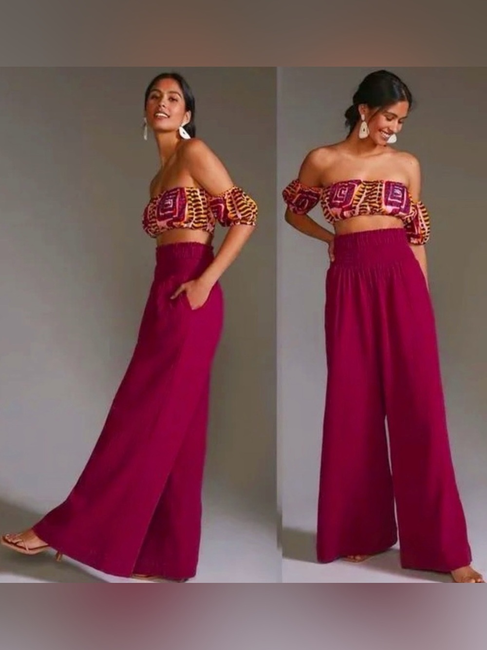 Anthropologie Wide Leg Smocked Gauze High-Waist Pants in Fuchsia Size Medium